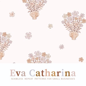 Puede incluir: Diseño de patrón sin costuras con ramos de flores en jarrones de conchas marinas y flores dispersas. La paleta de colores incluye tonos melocotón suave, beige y rosa apagado. El texto "Eva Catharina" y "SEAMLESS REPEAT PATTERNS FOR SMALL BUSINESSES" está en la parte inferior.