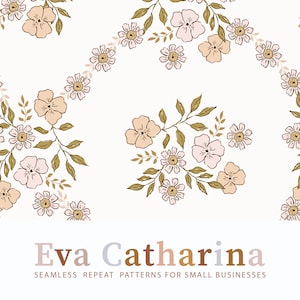 May include: A seamless pattern featuring delicate pink and brown flowers with green leaves. The pattern is repeated throughout the image. The text "Eva Catharina" and "Seamless Repeat Patterns for Small Businesses" is at the bottom of the image.