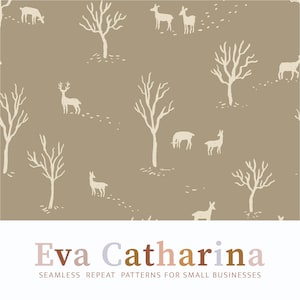 Puede incluir: Un patrón sin costuras con siluetas blancas de árboles, ciervos y cabras sobre un fondo marrón claro. El patrón es perfecto para telas, papel tapiz o papel de regalo.