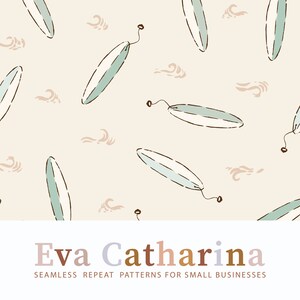 May include: A seamless pattern featuring light blue surfboards with brown accents on a light beige background. The pattern also includes small brown waves.