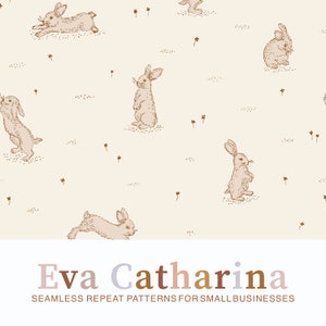 Peut inclure: Un motif sans couture représentant des lapins bruns répétés sur un fond beige clair. Les lapins sont dessinés dans un style simple et fantaisiste et sont dans diverses poses, notamment debout, en train de sauter et assis. Le motif est parfait pour une utilisation dans diverses applications, telles que le tissu, le papier peint et le papier d'emballage.