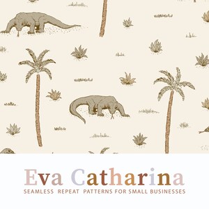Puede incluir: Un patrón sin costuras con ilustraciones marrones y beige de palmeras, lagartos y hierba sobre un fondo beige claro. El patrón se titula "Eva Catharina Seamless Repeat Patterns for Small Businesses".