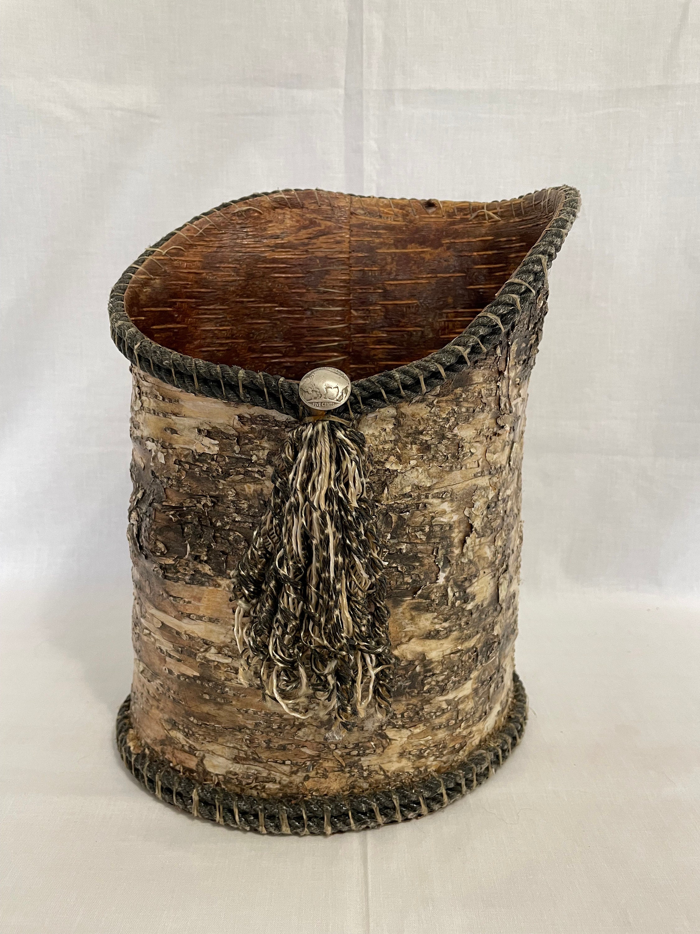 Authentic Native American Indian Birch Bark Handled High Berry Basket