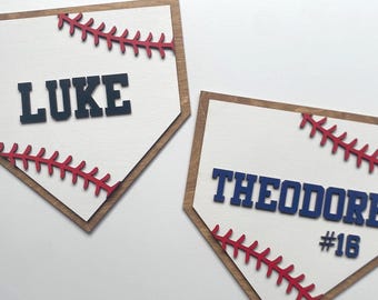 Personalized Baseball Home Plate Sign – Laser Cut Wood Name & Number Team and Coach Gift