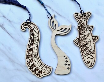 Wood bookmarks - Octopus, Mermaid Tail or Fish bookmark - Engraved bookmark