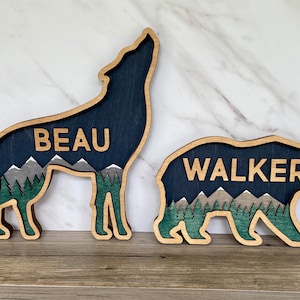 Laser Cut Bear or Wolf Nursery Name Sign: Adventure Decor