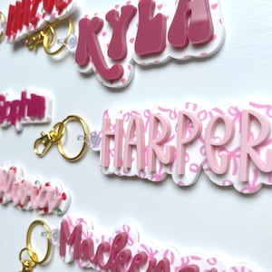 Cherry and Bow Backpack name tag - Coquette Custom Bag Tag - Girl Keychain - Lunchbox Tag - Name Keychain - Acrylic Name Tag - Charm Tag -