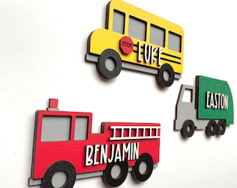3D Wooden City Vehicle Custom Name Sign – Kids Room Garbage Truck, Bus, Fire Truck