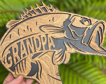 Father's Day Gift- Layered Wood Cut Out Bass or Trout for Uncle, Grandpa, Papa or Dad Custom Sign