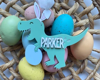 Dinosaur Easter Basket Tags-Acrylic and Wood Custom Name T-rex
