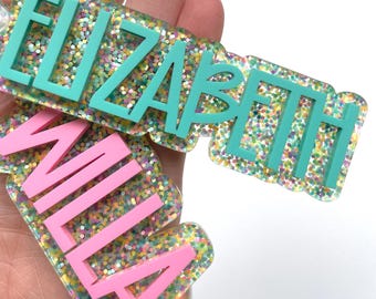 Custom Pastel Glitter Name Tag Keychain: Personalized Acrylic Backpack Accessory