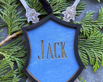 Personalized Knight Shield Ornament: Engraved Sword, Medieval Theme Ornament