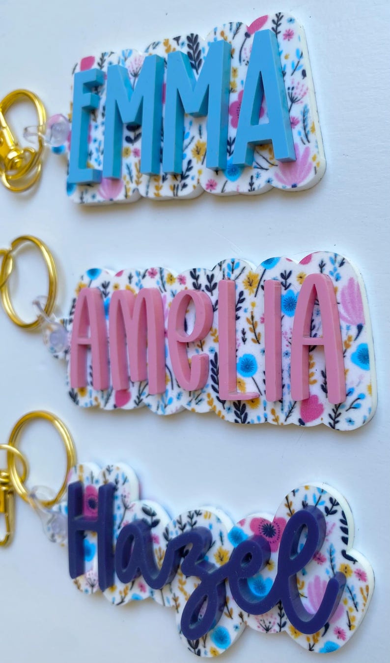 Custom Floral Name Tag Keychain: Personalized Flower Backpack Name ...