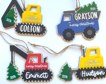 Personalized Construction Truck Christmas Ornament: Excavator, Crane, Dump Truck