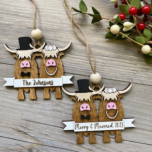 Highland Cow Ornament - Newlywed Ornament - New Couple Ornament - First Christmas Married Ornament