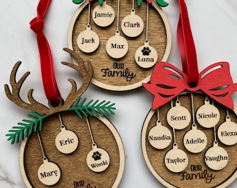 Personalized Family Christmas Ornament: Engraved Baltic Birch, 1-15 Names Custom