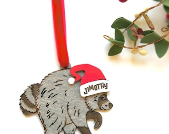 Jimothy the Raccoon ornament - 2026 Christmas -  Stained and Engraved Wood
