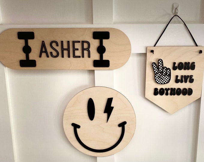 Skateboard Name Sign: Rad Dude Room Decor - Long Live BoyHood - Checkered Nursery signs