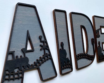 Laser Cut Train Letters: Stained Baltic Birch, Kid's Train Room Decor