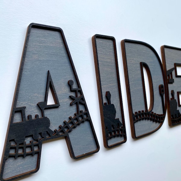 Laser Cut Train Letters: Stained Baltic Birch, Kid's Train Room Decor