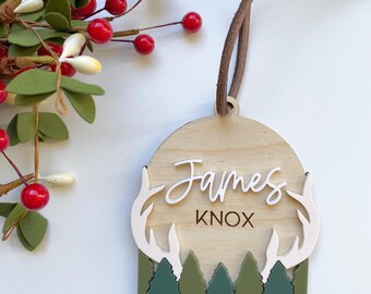 Deer Antler Ornament: Personalized Wood and Acrylic Baby Ornament