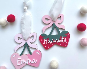 Personalized Acrylic Christmas Coquette Cherry or Strawberry Bow Ornament: Custom Name Tag for Christmas, Easter, or Valentines Day