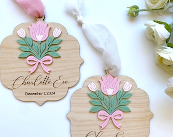 Vintage Floral Baby Girl's First Christmas Ornament: Engraved Wood and Acrylic Bouquet