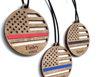 American Flag Custom First Responder Ornament - Thin Blue Line , Police, Firefighter, EMT