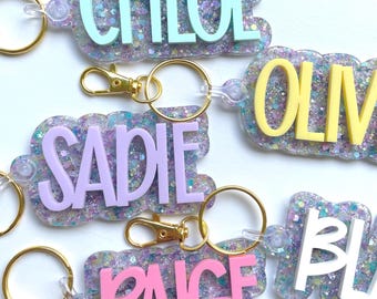 Glitter Acrylic Name Tag: Custom Backpack Keychain, Personalized Bag Tag Easter and Valentine Gift