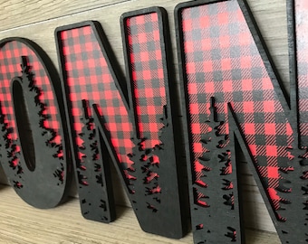 Nursery Decor - Letters with trees - Buffalo Plaid Name Sign - Woodland themed letters - Name Sign - Wood Letter Cutouts - Buffalo Plaid