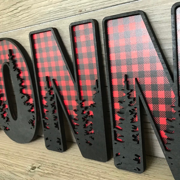 Nursery Decor - Letters with trees - Buffalo Plaid Name Sign - Woodland themed letters - Name Sign - Wood Letter Cutouts - Buffalo Plaid