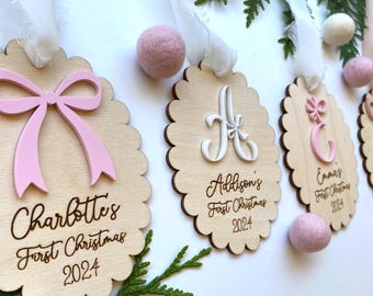 Personalized Baby Girl's First Christmas Ornament: Coquette Bow & Initial, Ruffle design