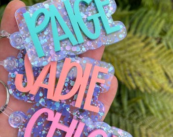 Glitter Acrylic Name Tag: Custom Backpack Keychain, Personalized Bag Tag Easter and Valentine Gift