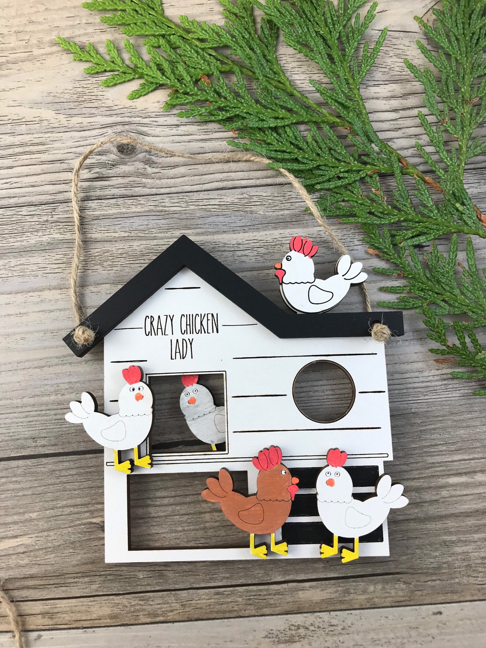 Chicken Christmas Ornament - 2 Layer Wooden Funny Chicken Decor With Santa Hats
