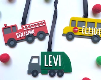 Personalized Truck and City Vehicle Christmas Ornament: Garbage Truck, Firetruck, School Bus