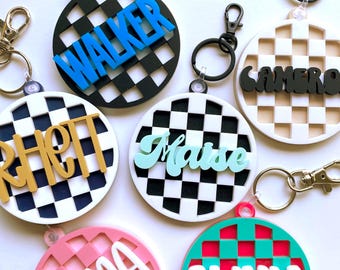 Checkered Name Tag: Custom Acrylic Backpack Keychain