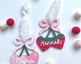 Personalized Acrylic Christmas Coquette Cherry or Strawberry Bow Ornament: Custom Name Tag for Christmas, Easter, or Valentines Day