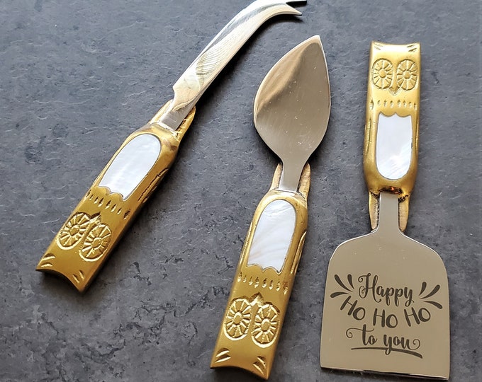 Festive Personalized Cheese Knife Set - Brass Knives - Hand Carved - Mother of Pearl Embedded - 3 piece Gold Cheese Knives - Gift Boxed