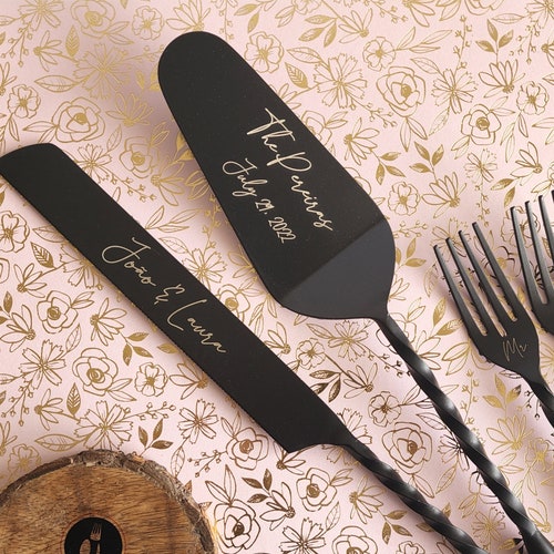 Black Wedding Cake Knife Server and Fork Set Personalized Etsy Canada
