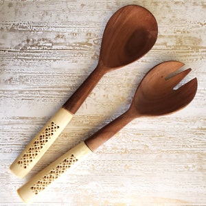 Wooden Salad Servers - Bone Carved Server Set - Salad Serving Utensils Spoon/Fork - Serving Spoon Set - Wooden Flatware - Housewarming Gift