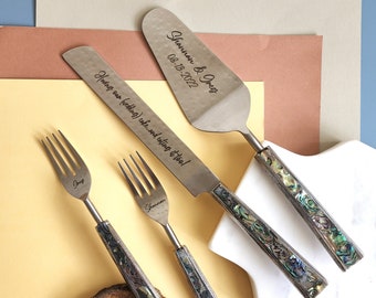 Personalized Wedding Cake Knife, Server and Fork Set -  Mother of Pearl Wedding Cake Knife set-Abalone Shell Wedding Cake Shovel & Cake Fork