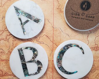 Custom Marble Coasters with Abalone Shell Inlay - Personalized Coasters - Abalone Coasters - Round Monogram Marble coaster - Initial Coaster