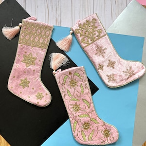 Pink Christmas Stocking with Initial - Handmade Velvet Stockings - Snowflake Christmas Décor -Tassel Embroidered stocking -Monogram Stocking
