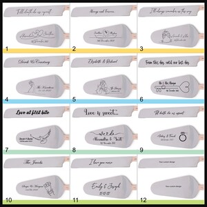 May include: A collection of personalized cake servers with various inscriptions and designs. Each server features a silver blade and a light gray handle. The inscriptions include phrases like "Till death do us apart" and names with dates, ideal for weddings.