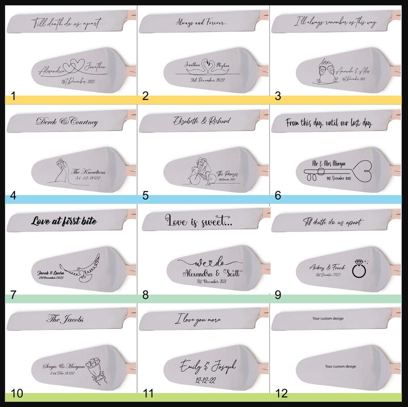 May include: A collection of personalized cake servers with various inscriptions and designs. Each server features a silver blade and a light gray handle. The inscriptions include phrases like "Till death do us apart" and names with dates, ideal for weddings.