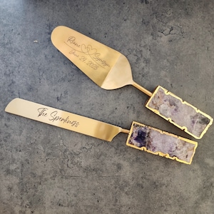 Amethyst Wedding Cake Knife and Server Set - Amethyst Handles - Laser Engraved Gold Cake Serving Set - Gothic Wedding Cake Knife and Server