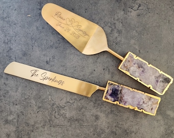 Amethyst Wedding Cake Knife and Server Set - Amethyst Handles - Laser Engraved Gold Cake Serving Set - Gothic Wedding Cake Knife and Server