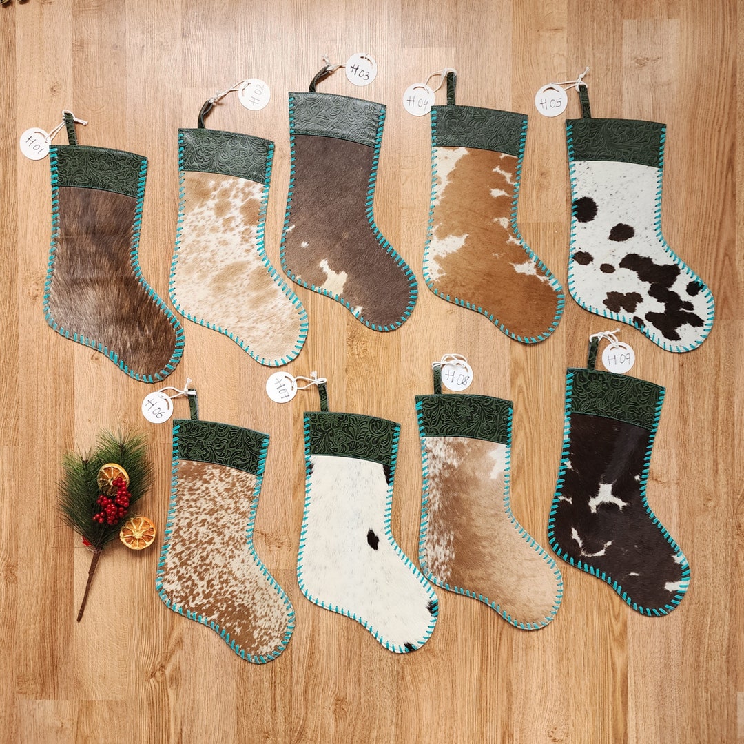 Tooled Leather Cowhide Christmas Stockings Western Christmas Stockings