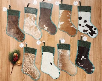 Tooled Leather Cowhide Christmas Stockings - Western Christmas Stockings - Leather Stockings - Country Christmas Stockings - Hair on Cowhide