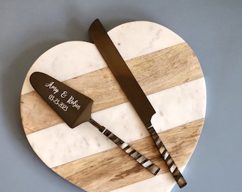Personalized Wedding Cake Serving Set - Wedding Cake Knife and Cake Server Set - Mother of Pearl Cake Cutting Set - Black Gunmetal Finish